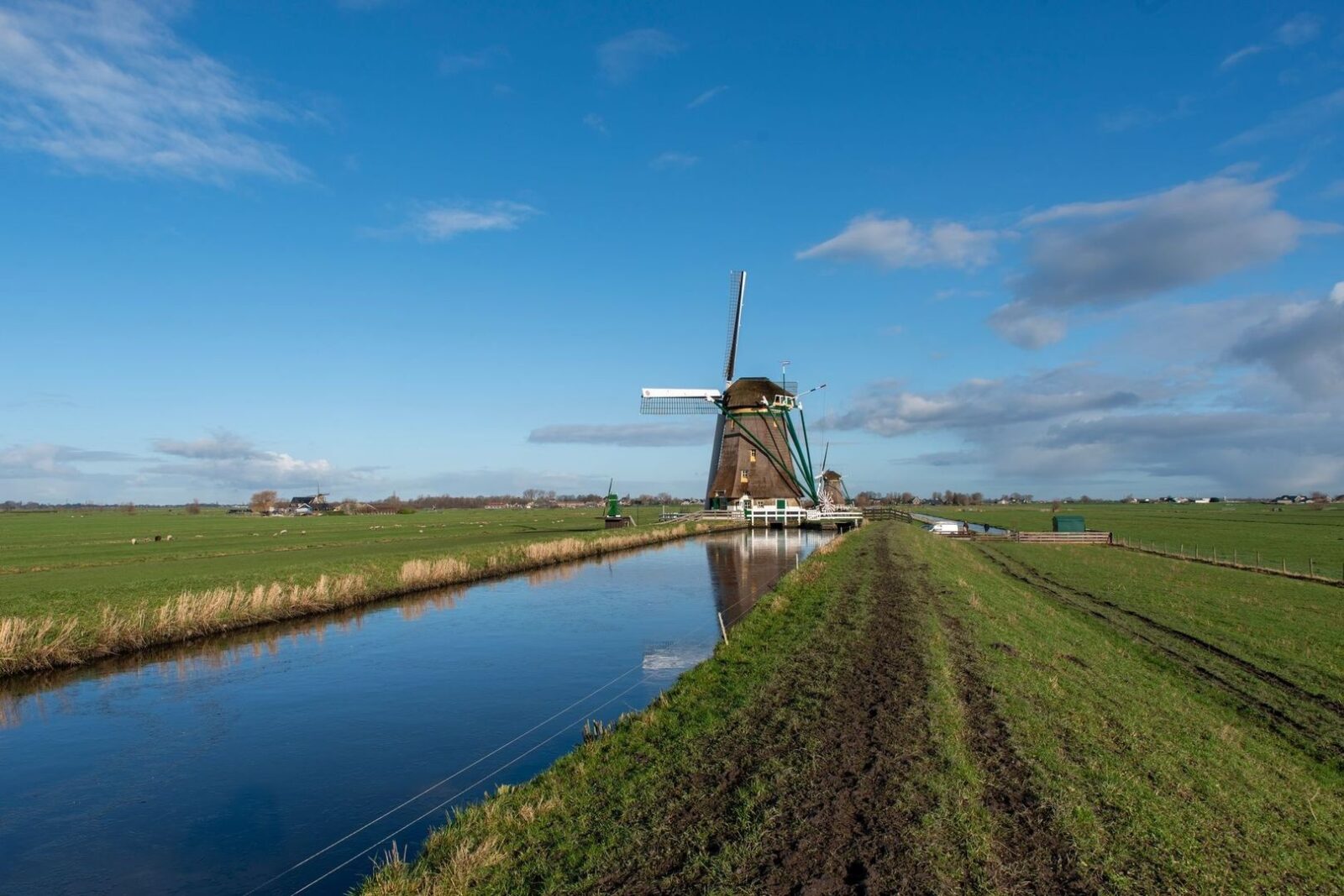 Historisch polderlandschap met windmolen langs een rechte sloot