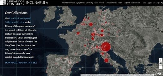 Kaart van Europa met locaties van vroeg gedrukte boeken